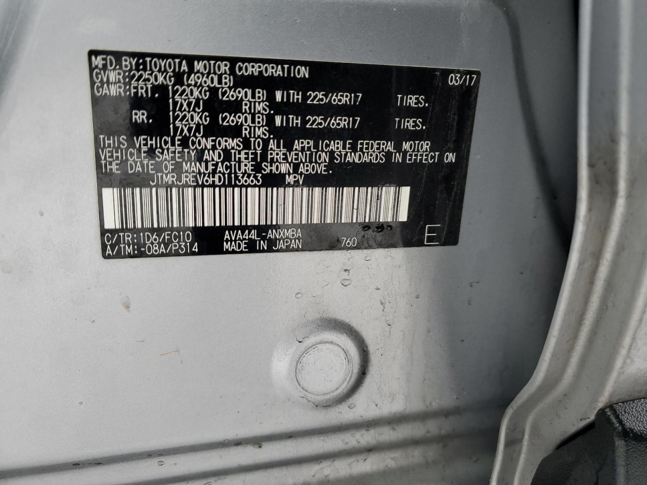 2017 Toyota RAV 4 VIN JTMRJREV6HD113663 Copart auction photo, front end damage thumbnail 13