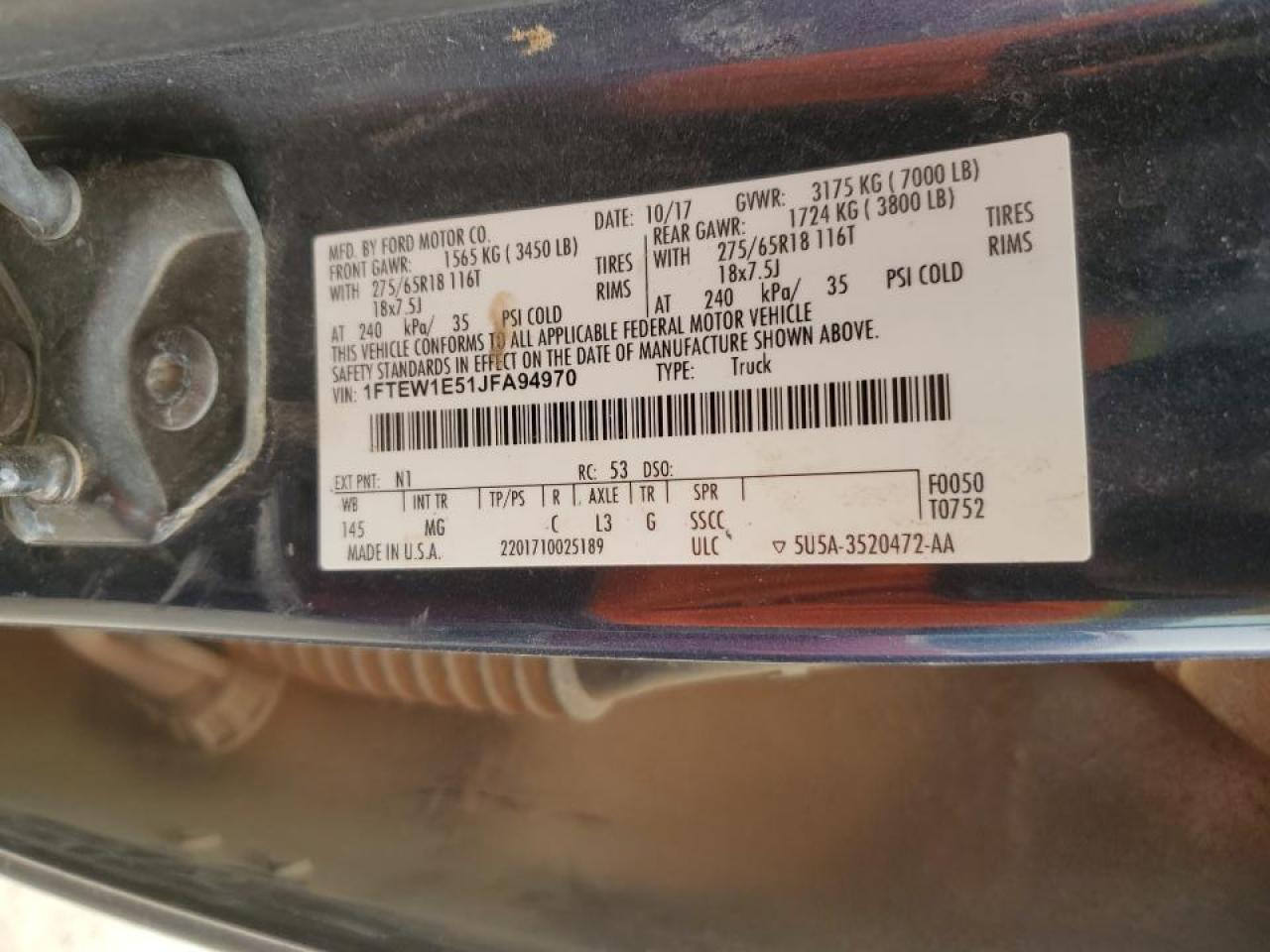 2018 Ford F-150 VIN 1FTEW1E51JFA94970 Copart auction photo, side / front end damage thumbnail 12