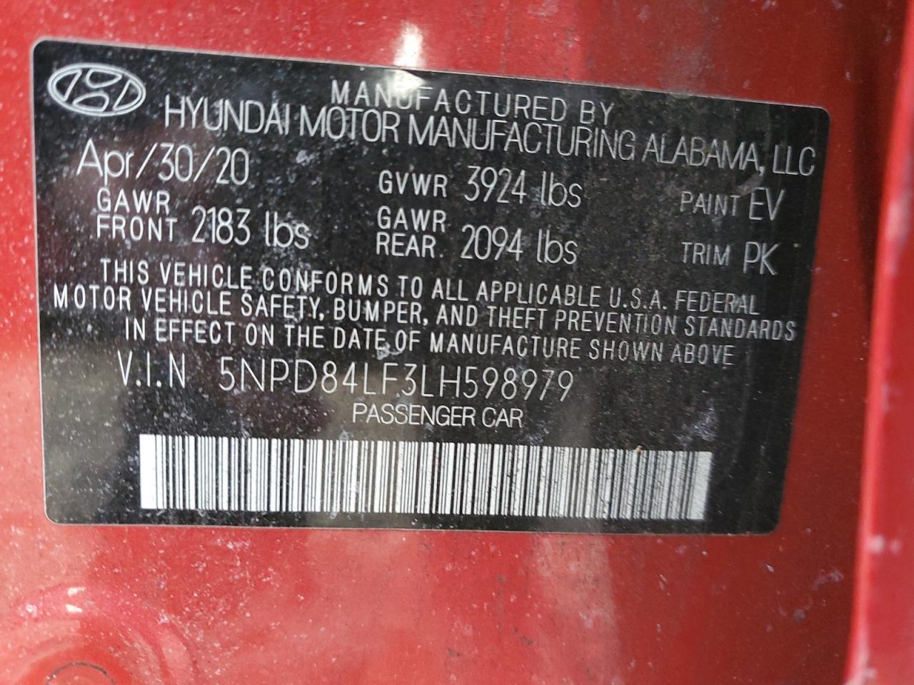 2020 Hyundai Elantra VIN 5NPD84LF3LH598979 Copart auction photo, front end / rear end damage thumbnail 14