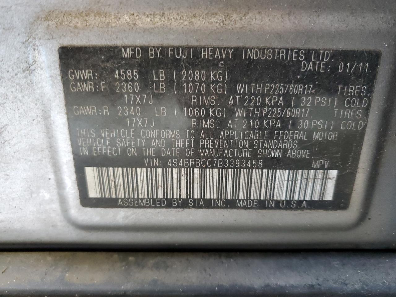 2011 Subaru Outback VIN 4S4BRBCC7B3393458 Copart auction photo, side / rear end damage thumbnail 14
