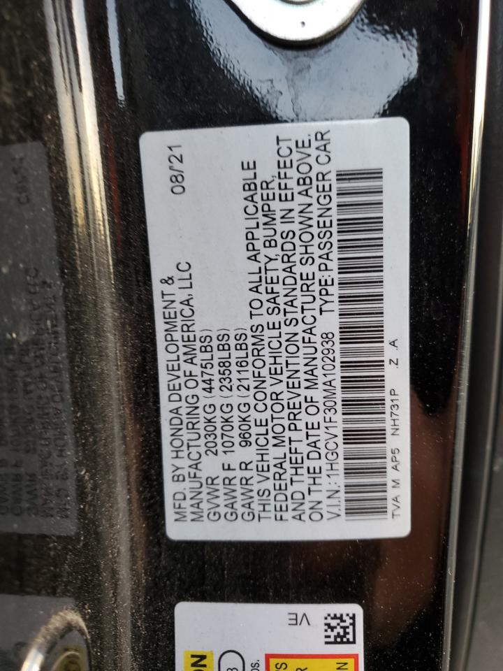 2021 Honda Accord VIN 1HGCV1F30MA102938 Copart auction photo, front end damage thumbnail 13