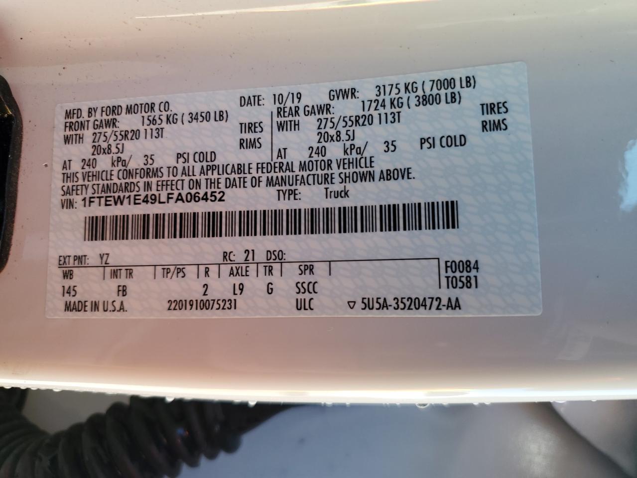 2020 Ford F-150 VIN 1FTEW1E49LFA06452 Copart auction photo, front end / rear end damage thumbnail 13