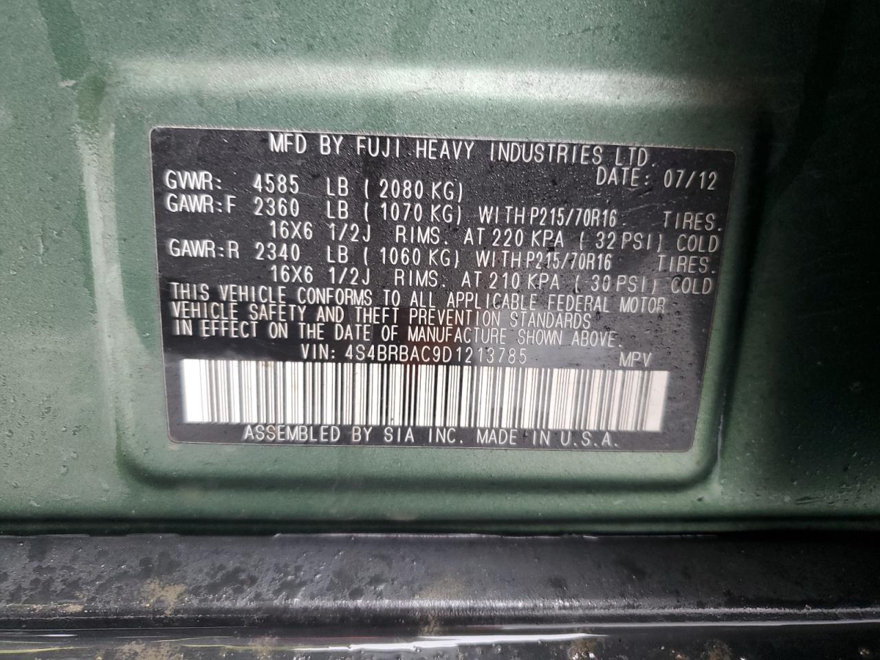 2013 Subaru Outback VIN 4S4BRBAC9D1213785 Copart auction photo, front end / side damage thumbnail 13