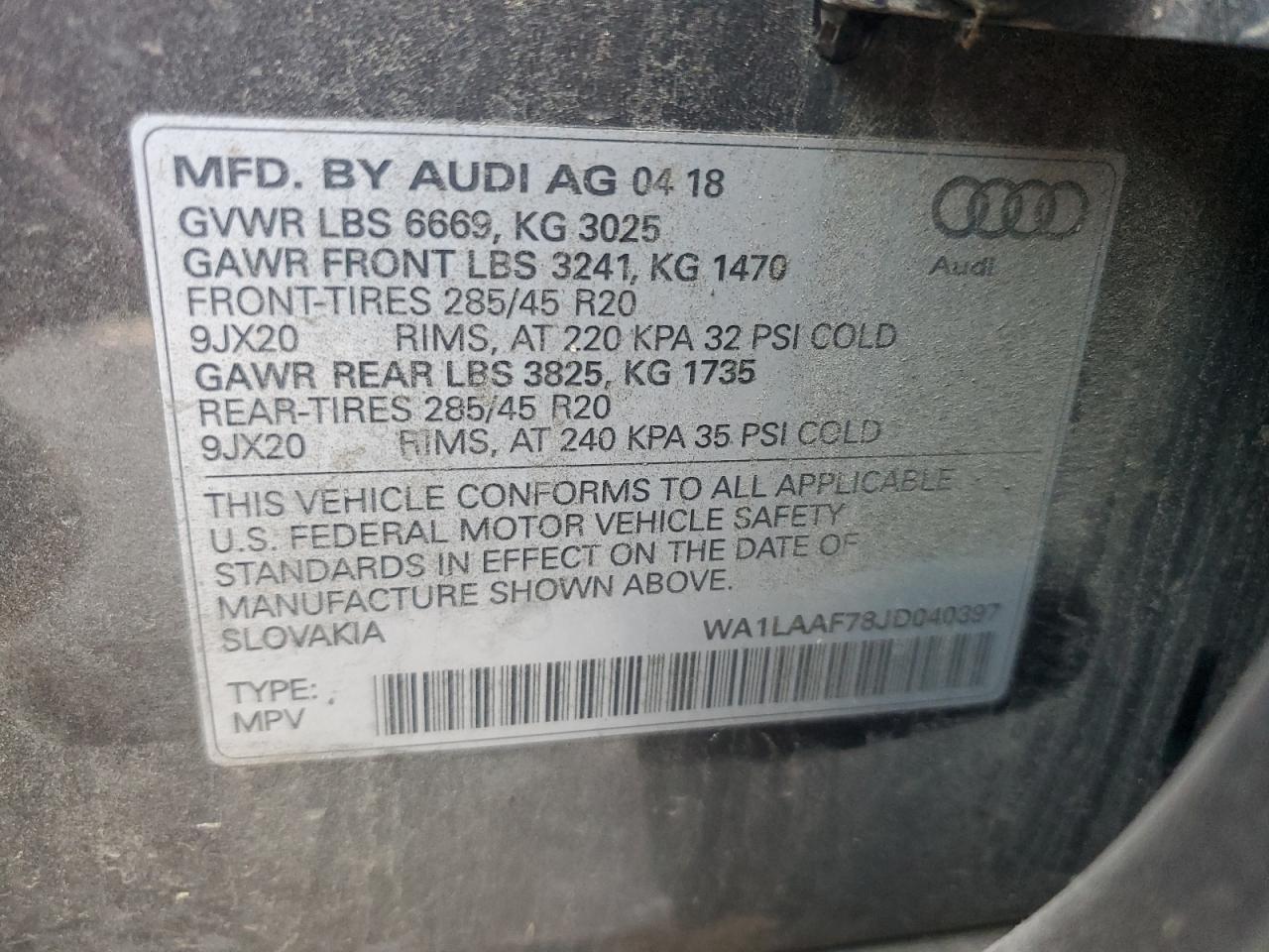 2018 Audi Q7 VIN WA1LAAF78JD040397 Copart auction photo, front end / minor dent/scratches damage thumbnail 13