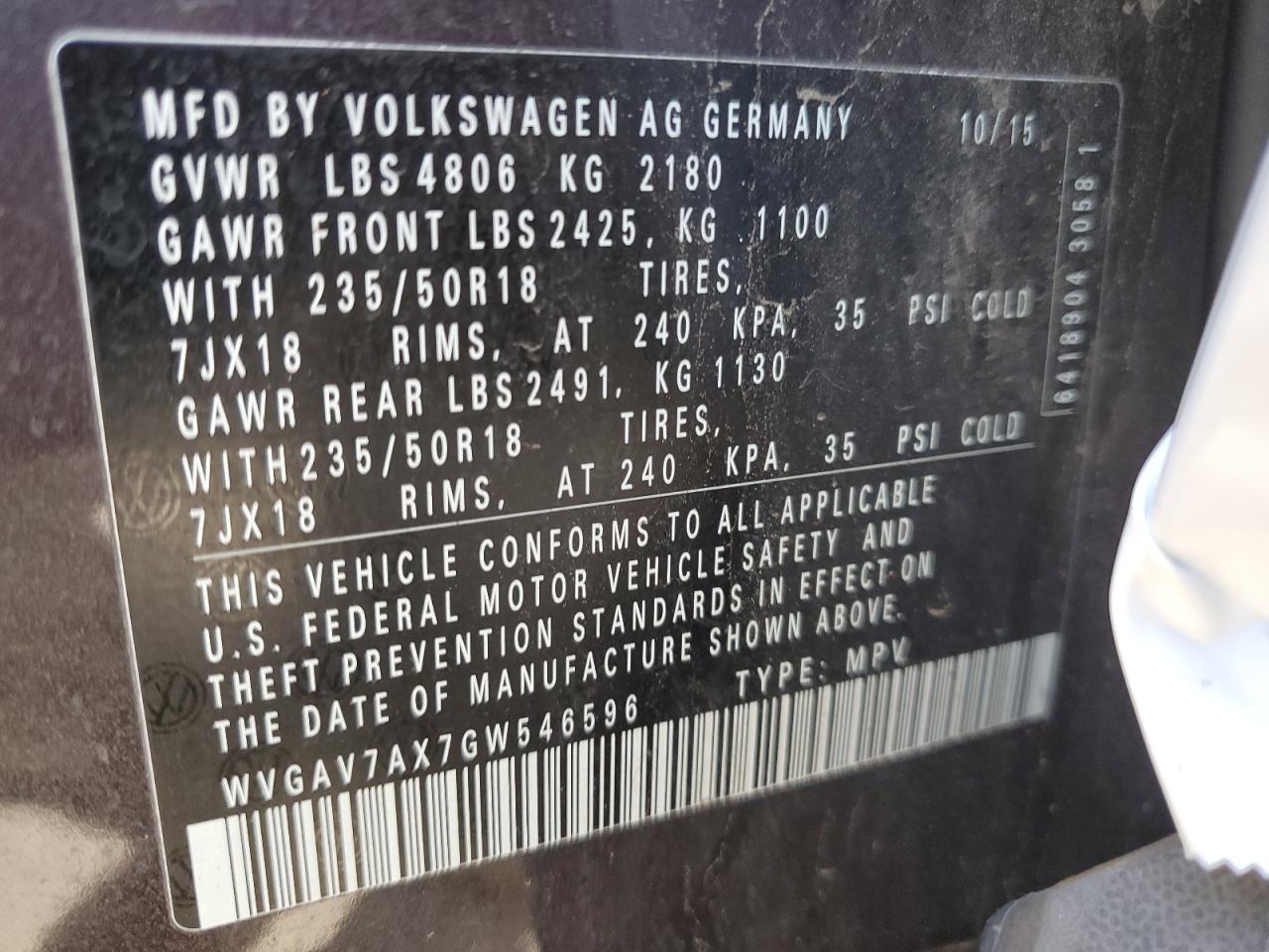 2016 Volkswagen Tiguan VIN WVGAV7AX7GW546596 Copart auction photo, water/flood / side damage thumbnail 15