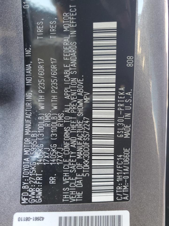 2015 Toyota Sienna VIN 5TDKK3DC0FS572247 Copart auction photo, side damage thumbnail 15