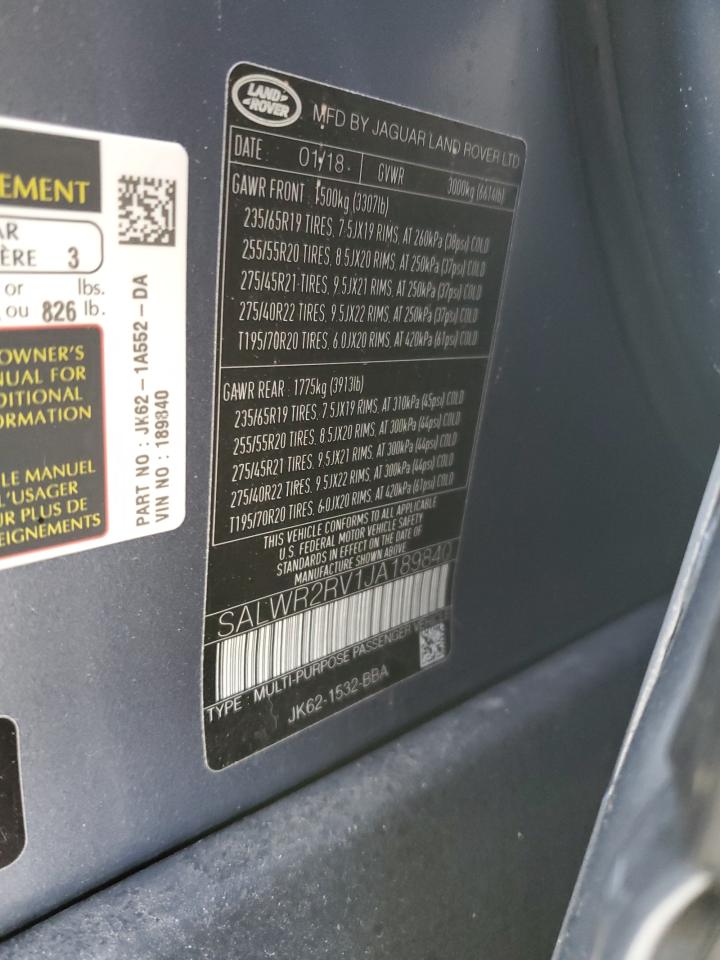 2018 Land Rover Range rover sport VIN SALWR2RV1JA189840 Copart auction photo, front end / undercarriage damage thumbnail 16