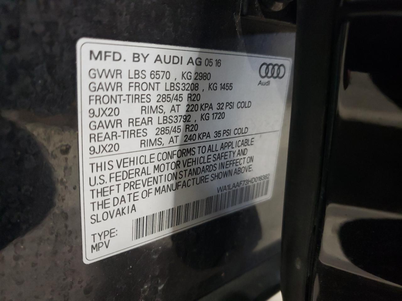 2017 Audi Q7 VIN WA1LAAF73HD018382 Copart auction photo, front end / minor dent/scratches damage thumbnail 14