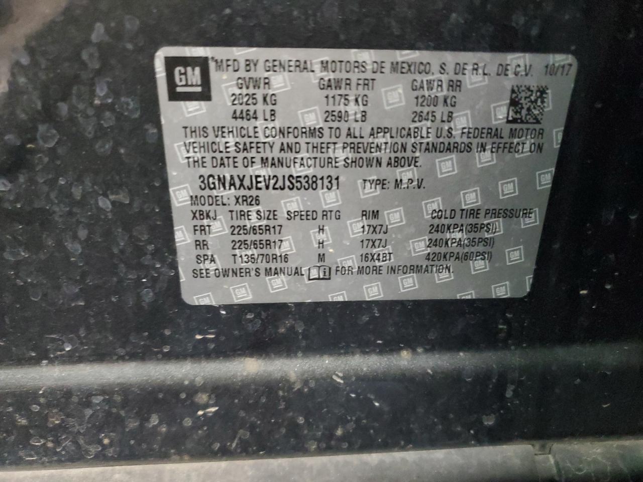 2018 Chevrolet Equinox VIN 3GNAXJEV2JS538131 Copart auction photo, mechanical / normal wear damage thumbnail 13