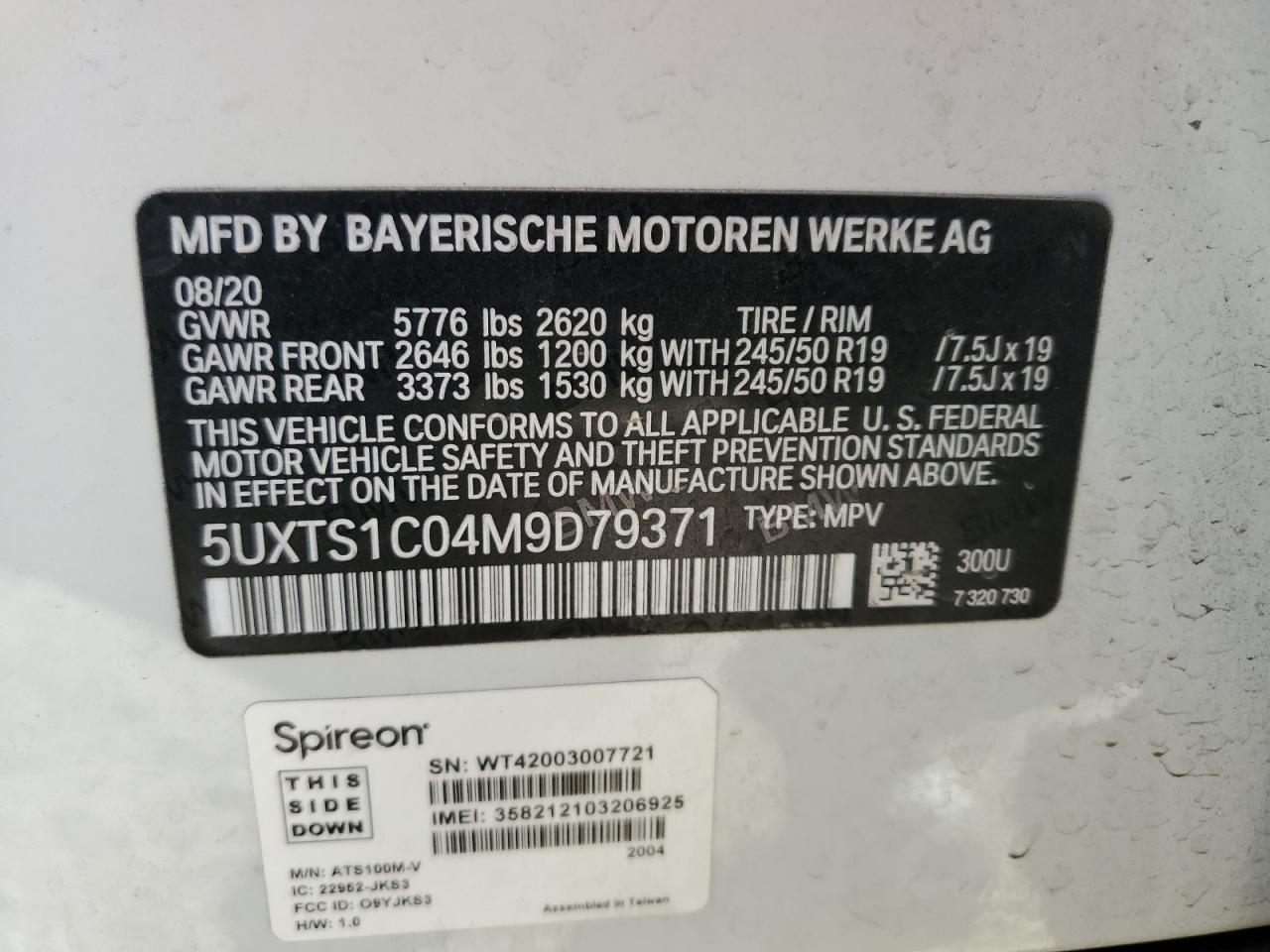 2021 BMW X3 VIN 5UXTS1C04M9D79371 Copart auction photo, front end / rear end damage thumbnail 15