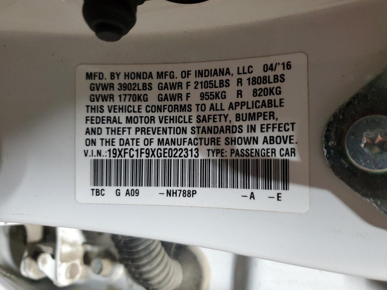 2016 Honda Civic VIN 19XFC1F9XGE022313 Copart auction photo, front end damage thumbnail 12