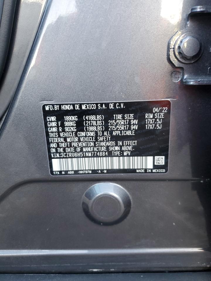 2022 Honda HR-V VIN 3CZRU6H51NM774884 Copart auction photo, rear end / side damage thumbnail 13