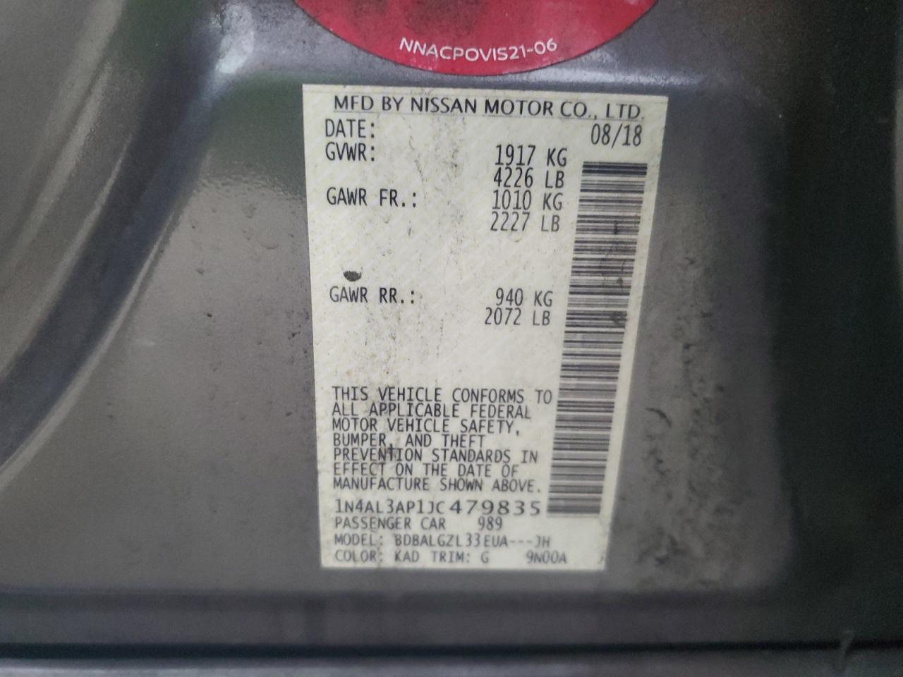 2018 Nissan Altima VIN 1N4AL3AP1JC479835 Copart auction photo, all over damage thumbnail 13
