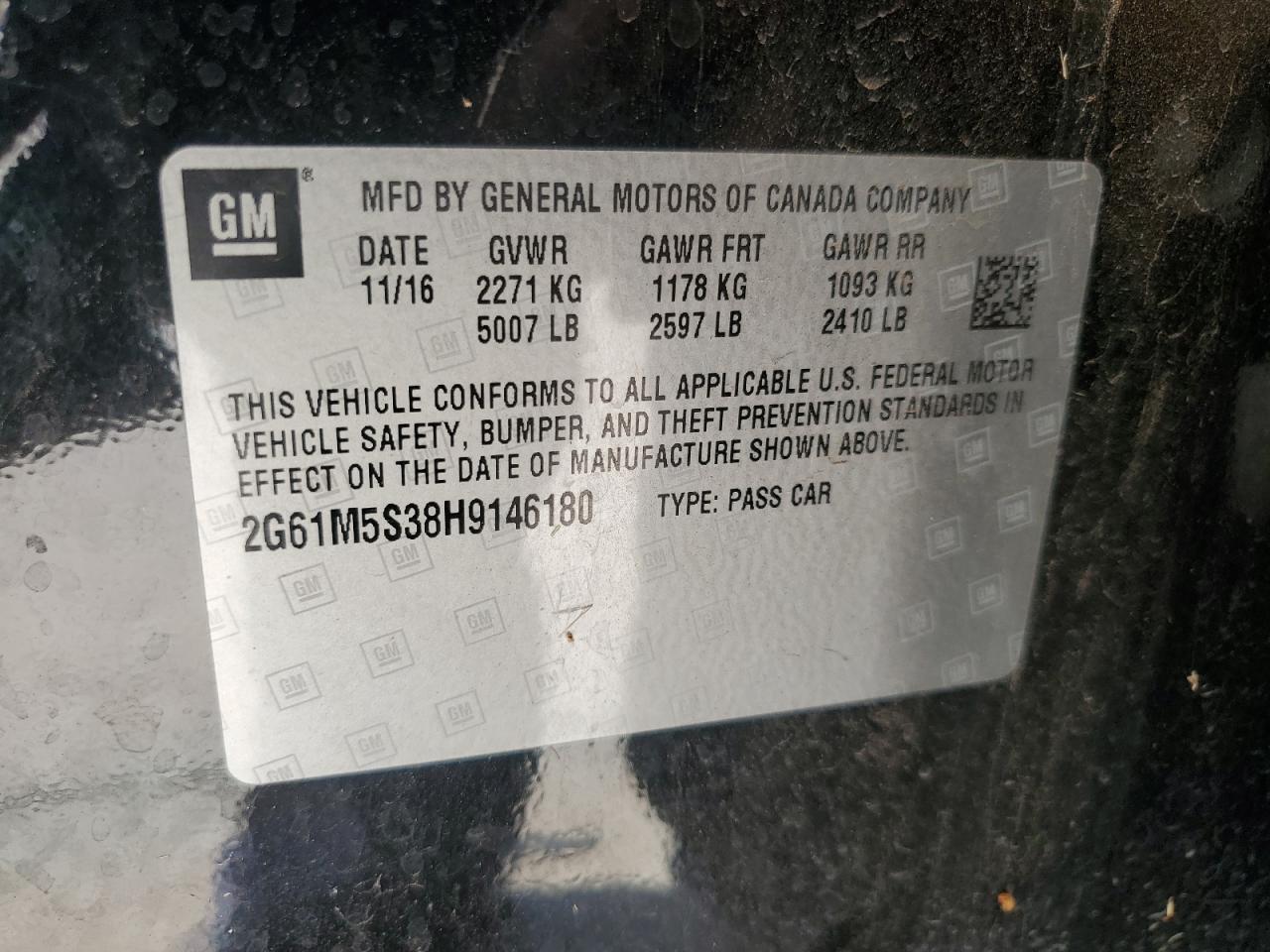 2017 Cadillac XTS VIN 2G61M5S38H9146180 Copart auction photo, hail / minor dent/scratches damage thumbnail 12