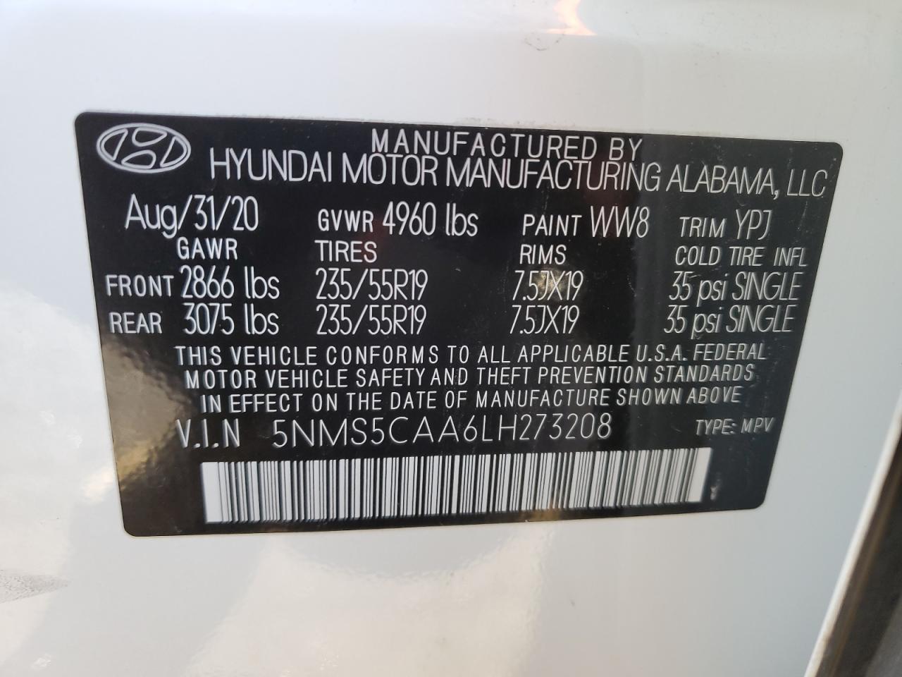 2020 Hyundai Santa Fe VIN 5NMS5CAA6LH273208 Copart auction photo, front end damage thumbnail 13