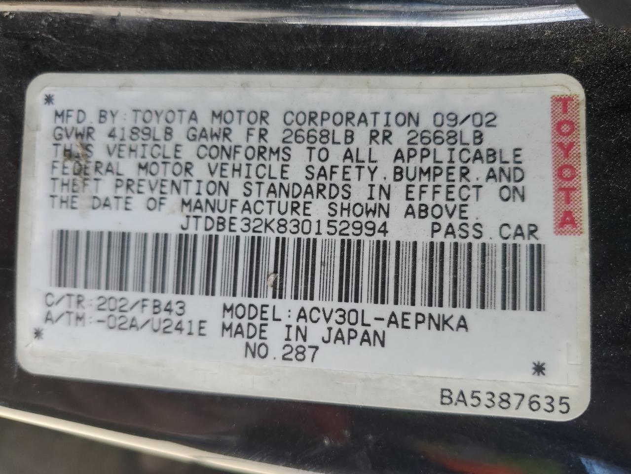 2003 Toyota Camry VIN JTDBE32K830152994 Copart auction photo, front end damage thumbnail 12