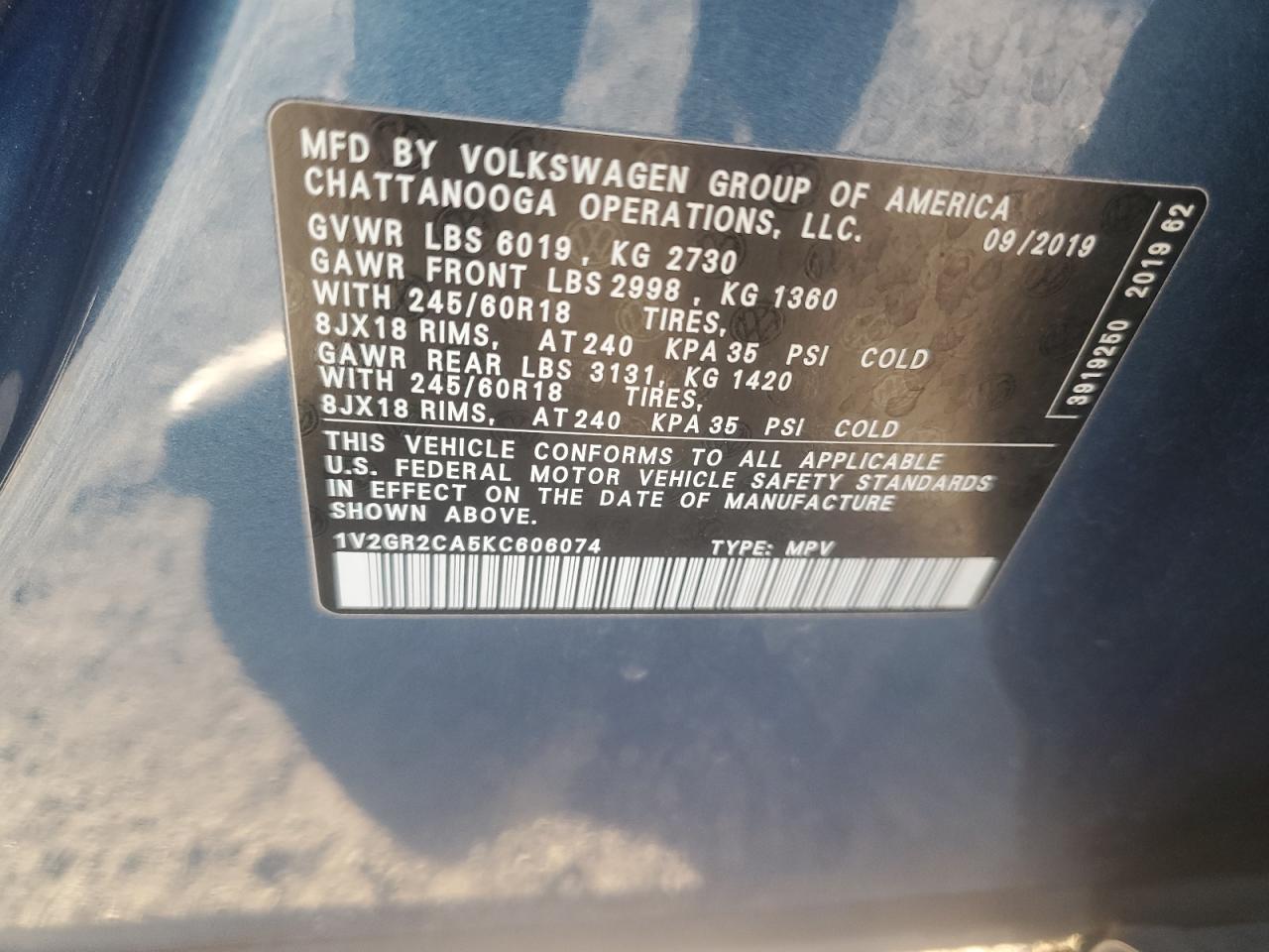 2019 Volkswagen Atlas VIN 1V2GR2CA5KC606074 Copart auction photo, front end / rear end damage thumbnail 14