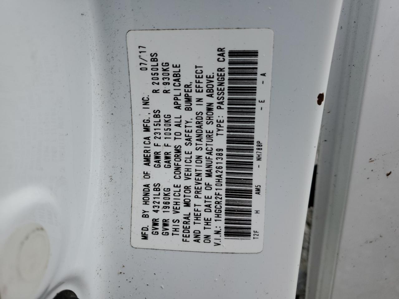 2017 Honda Accord VIN 1HGCR2F10HA261389 Copart auction photo, top/roof damage thumbnail 12