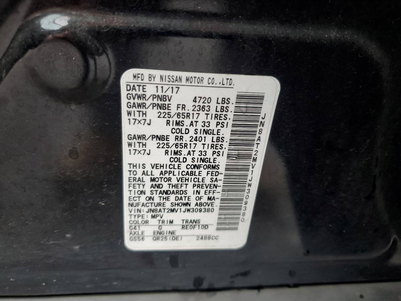 2018 Nissan Rogue VIN JN8AT2MV1JW309380 Copart auction photo, rear end / undercarriage damage thumbnail 15