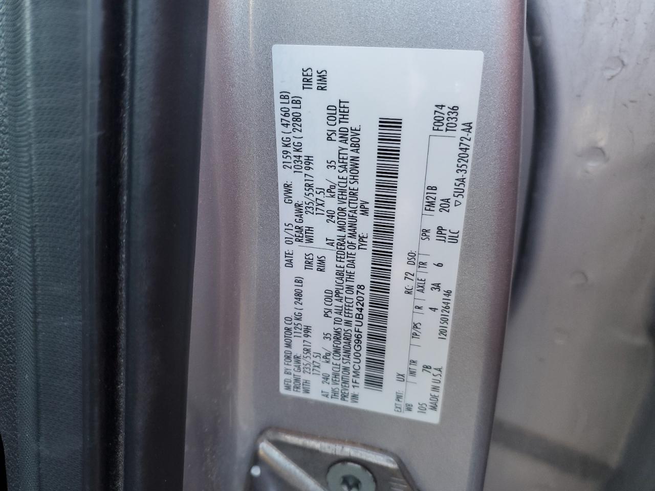 2015 Ford Escape VIN 1FMCU0G96FUB42078 Copart auction photo, front end / hail damage thumbnail 14