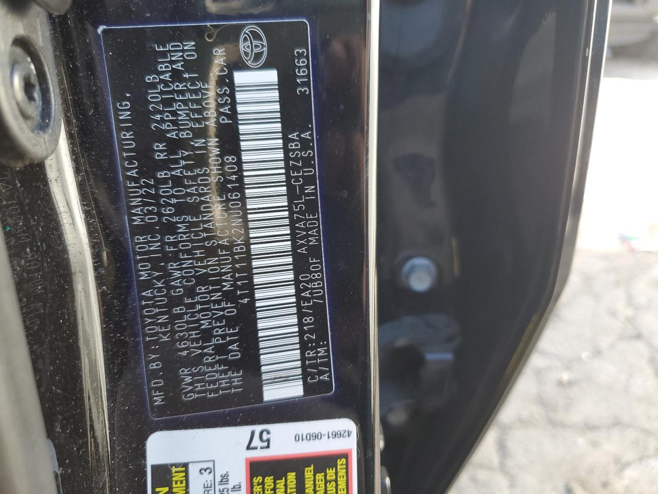 2022 Toyota Camry VIN 4T1T11BK2NU061408 Copart auction photo, front end / rear end damage thumbnail 12