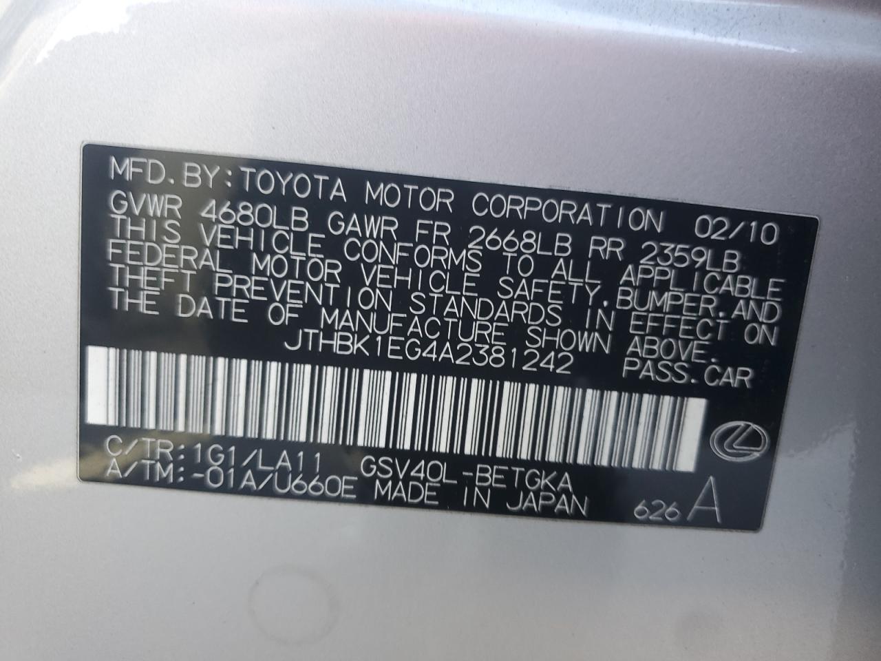 2010 Lexus ES VIN JTHBK1EG4A2381242 Copart auction photo, front end damage thumbnail 13