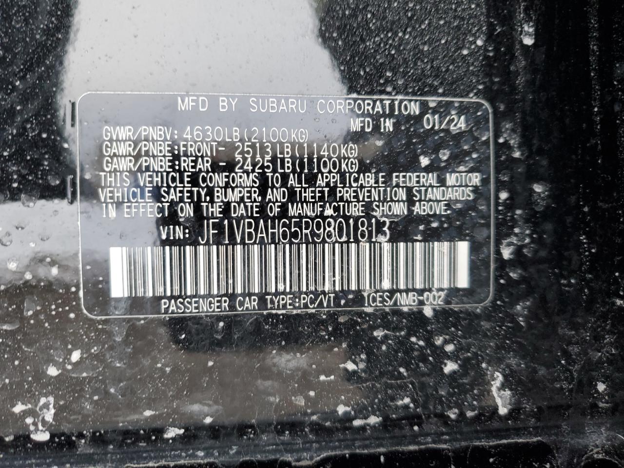 2024 Subaru WRX VIN JF1VBAH65R9801813 Copart auction photo, front end damage thumbnail 12
