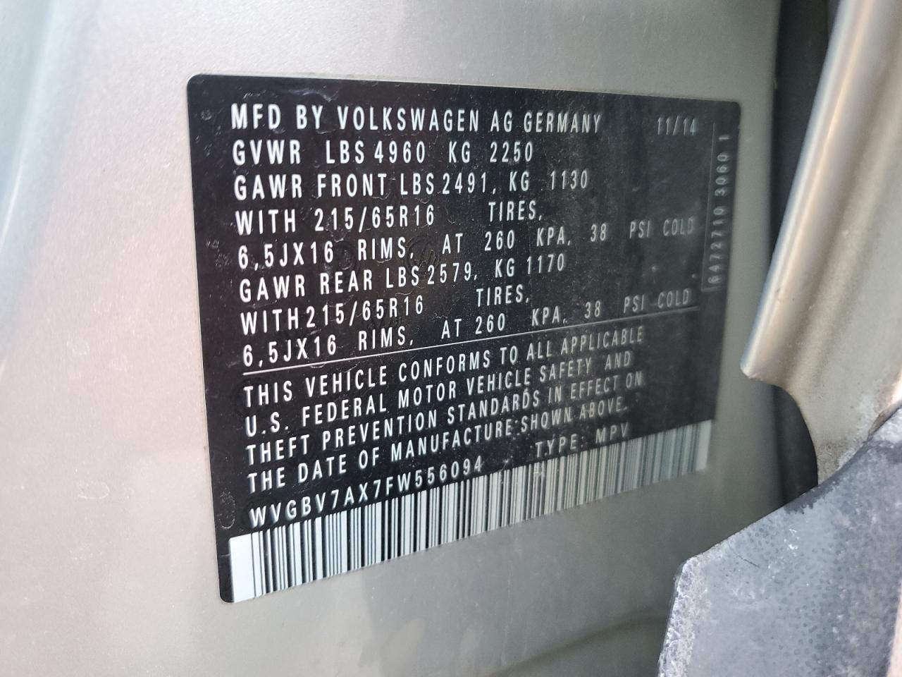 2015 Volkswagen Tiguan VIN WVGBV7AX7FW556094 Copart auction photo, front end damage thumbnail 13