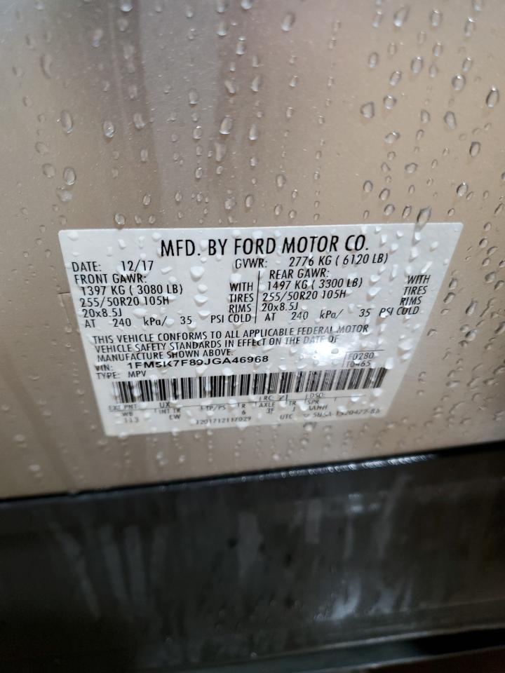 2018 Ford Explorer VIN 1FM5K7F89JGA46968 Copart auction photo, front end damage thumbnail 14