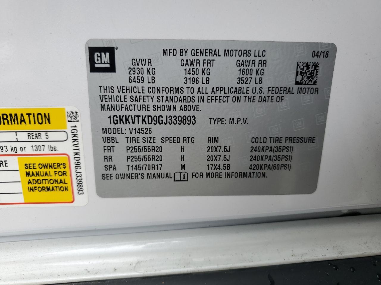 2016 GMC Acadia VIN 1GKKVTKD9GJ339893 Copart auction photo, rear end / top/roof damage thumbnail 14