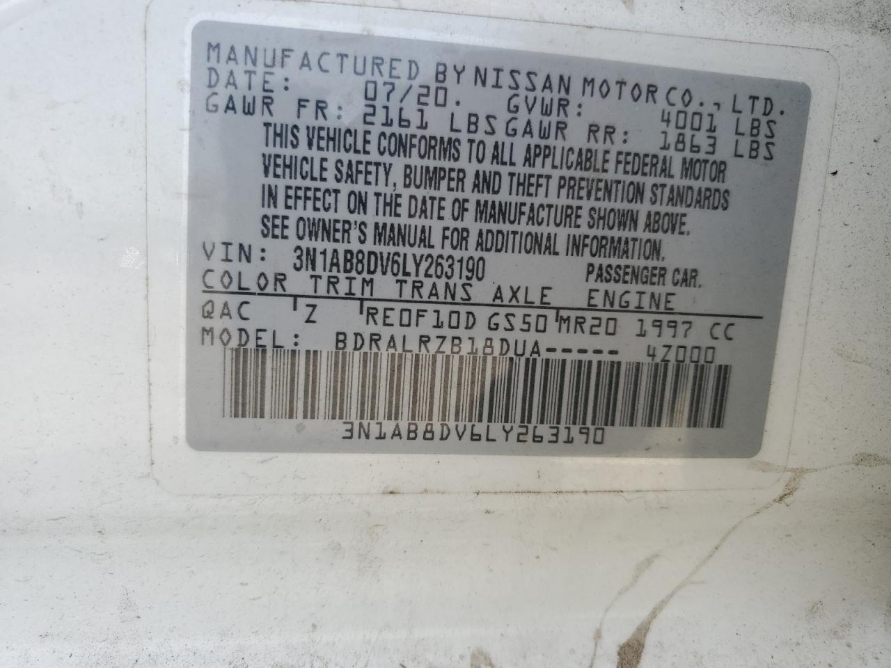 2020 Nissan Sentra VIN 3N1AB8DV6LY263190 Copart auction photo, front end / minor dent/scratches damage thumbnail 12