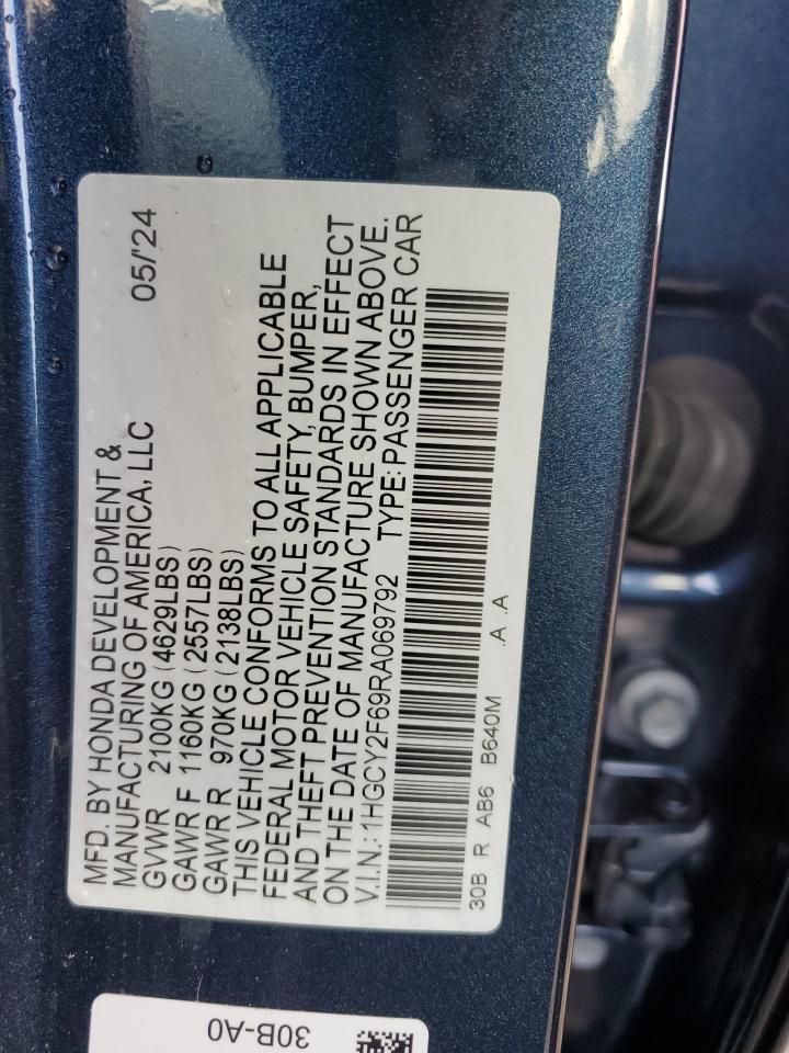 2024 Honda Accord VIN 1HGCY2F69RA069792 Copart auction photo, minor dent/scratches / undercarriage damage thumbnail 12