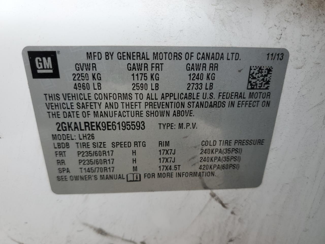 2014 GMC Terrain VIN 2GKALREK9E6195593 Copart auction photo, front end / minor dent/scratches damage thumbnail 15