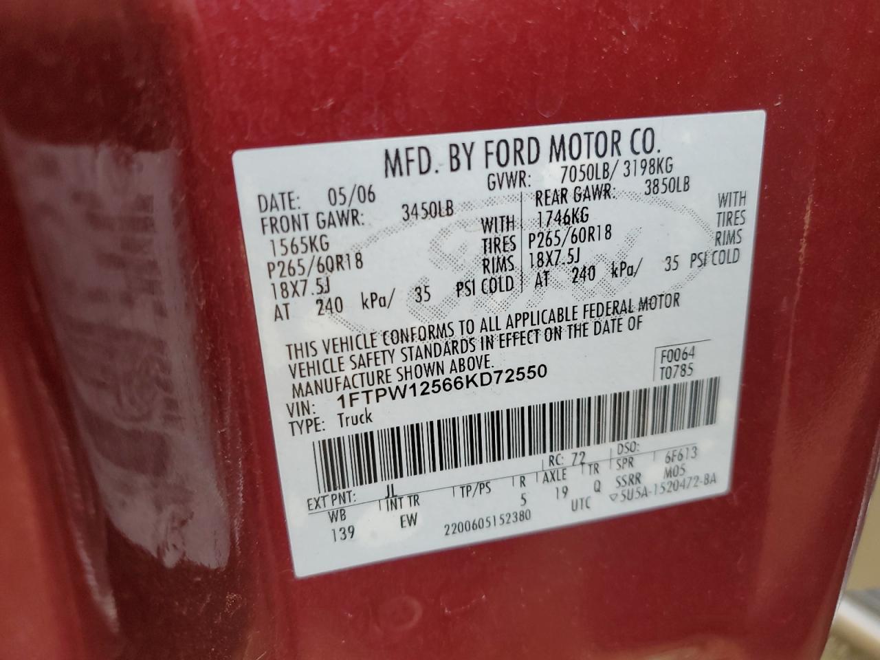 2006 Ford F-150 VIN 1FTPW12566KD72550 Copart auction photo, front end / rear end damage thumbnail 12