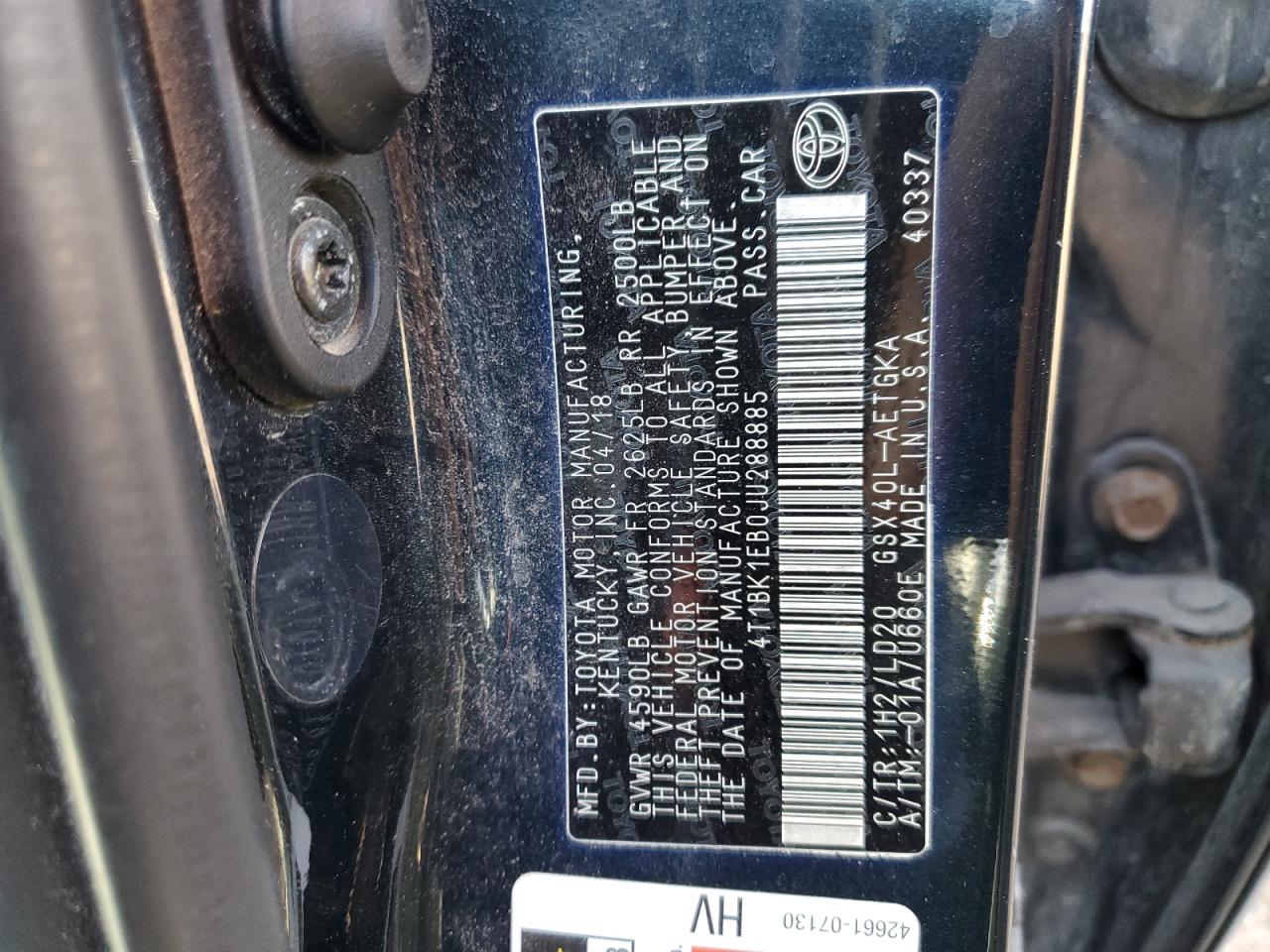2018 Toyota Avalon VIN 4T1BK1EB0JU288885 Copart auction photo, front end / minor dent/scratches damage thumbnail 12
