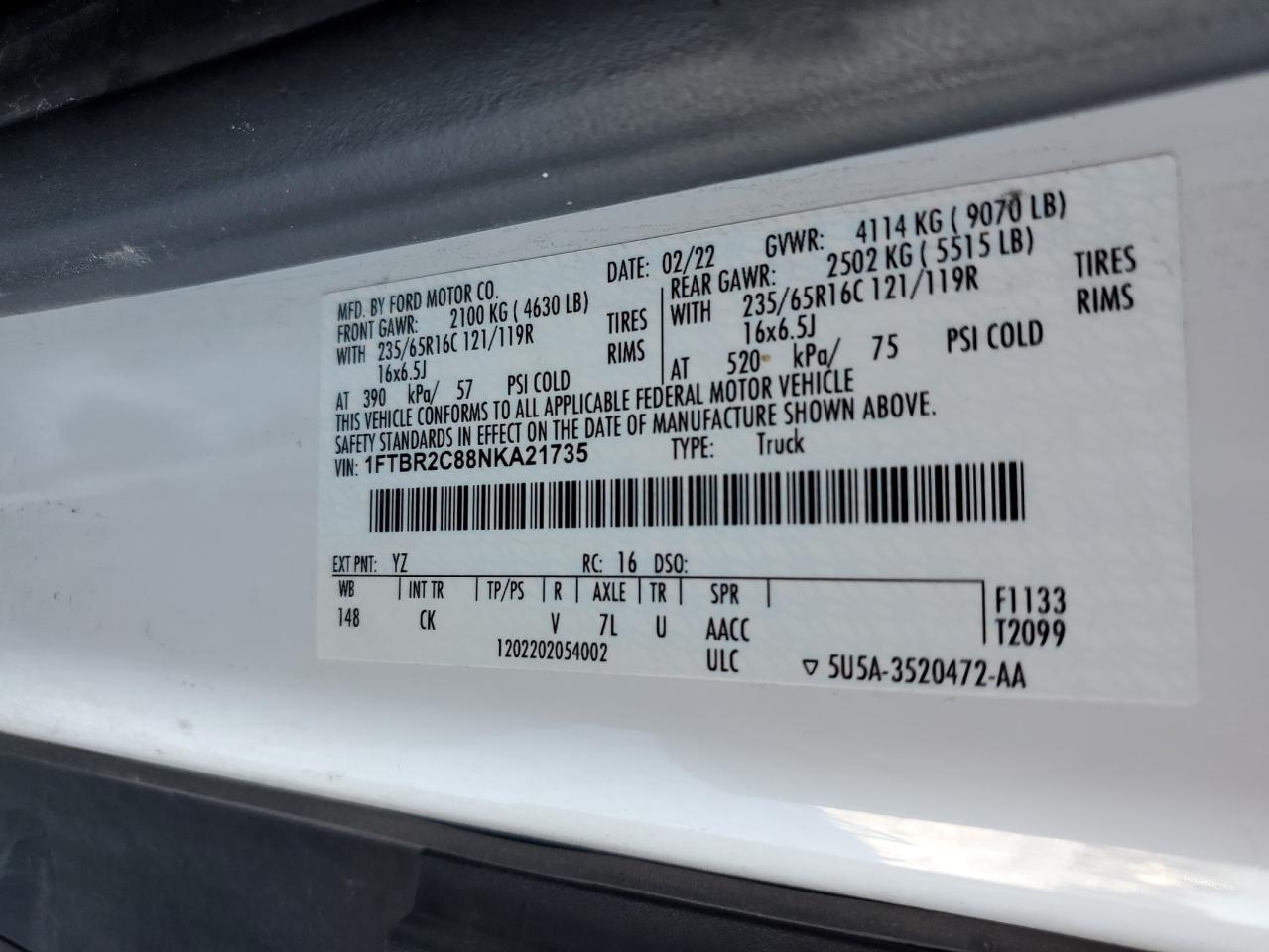 2022 Ford Transit VIN 1FTBR2C88NKA21735 Copart auction photo, front end / all over damage thumbnail 14