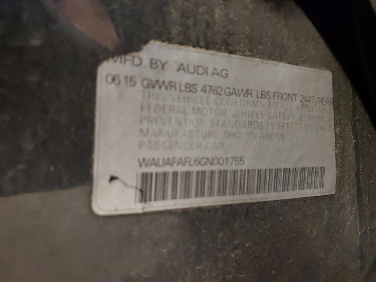 2016 Audi A4 VIN WAUAFAFL6GN001755 Copart auction photo, side / minor dent/scratches damage thumbnail 12