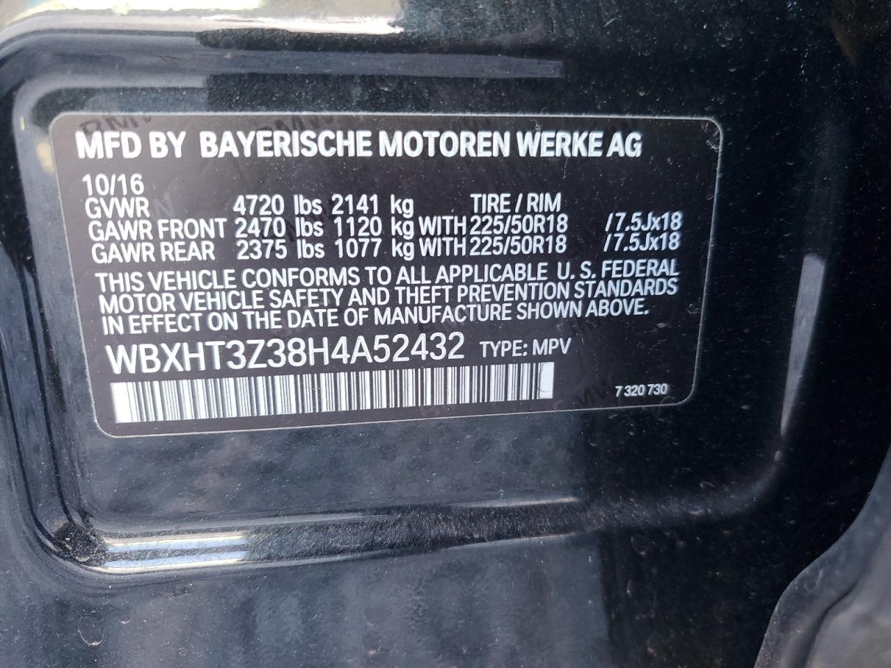 2017 BMW X1 VIN WBXHT3Z38H4A52432 Copart auction photo, front end / minor dent/scratches damage thumbnail 12