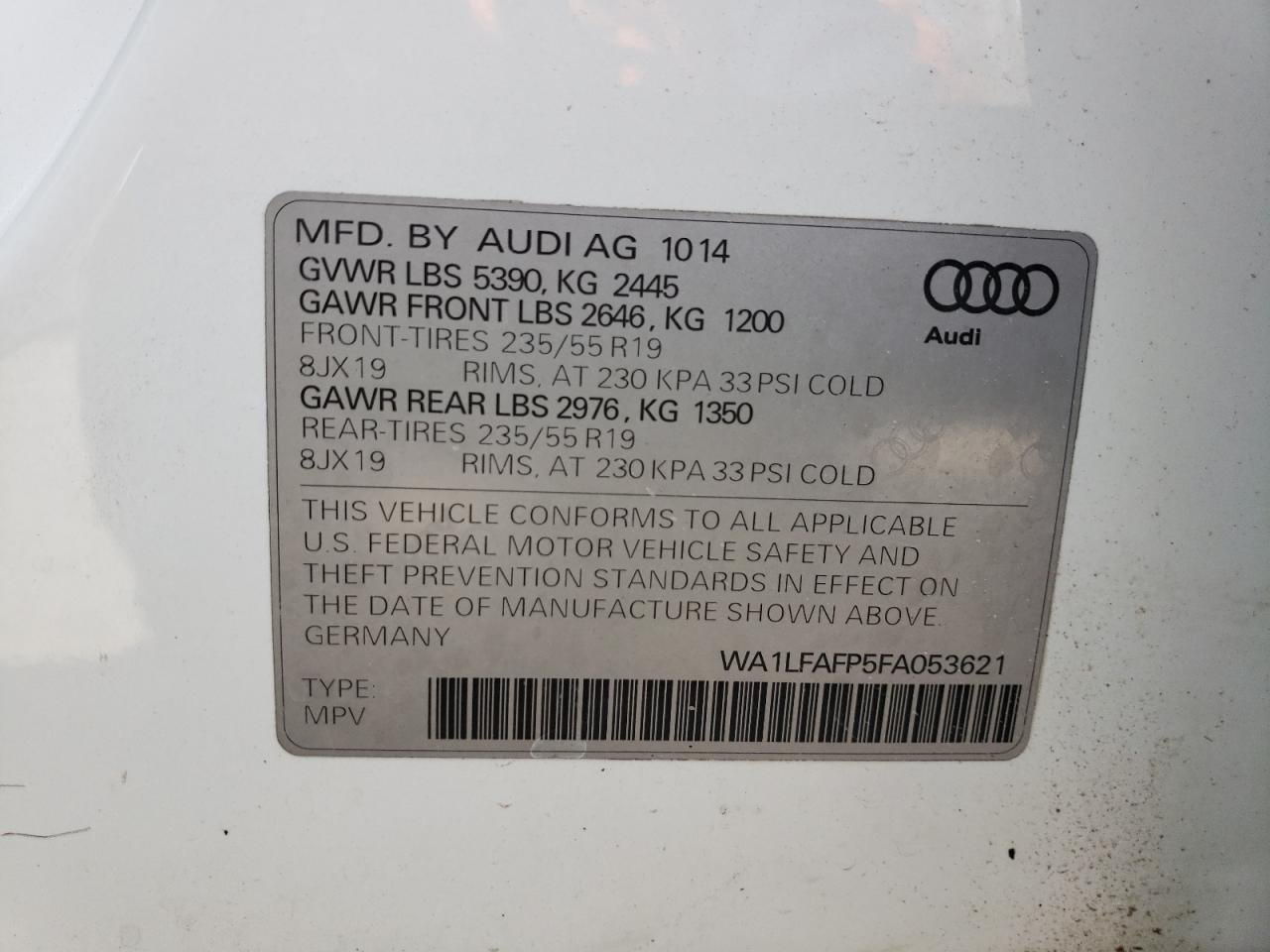 2015 Audi Q5 VIN WA1LFAFP5FA053621 Copart auction photo, undercarriage damage thumbnail 15