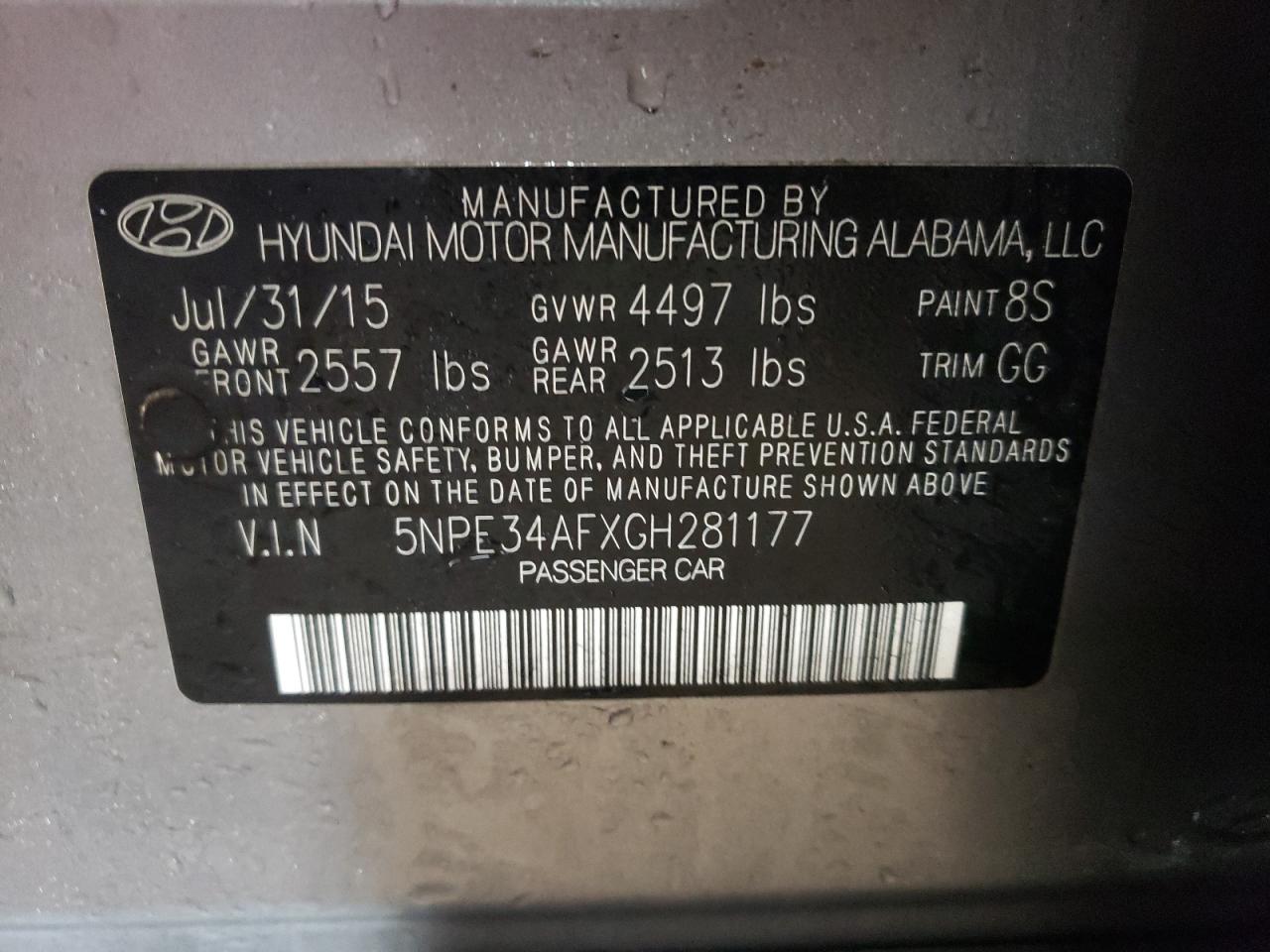 2016 Hyundai Sonata VIN 5NPE34AFXGH281177 Copart auction photo, front end damage thumbnail 13
