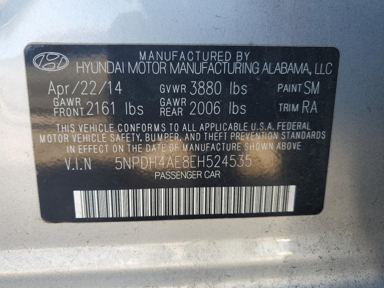 2014 Hyundai Elantra VIN 5NPDH4AE8EH524535 Copart auction photo, front end / undercarriage damage thumbnail 14