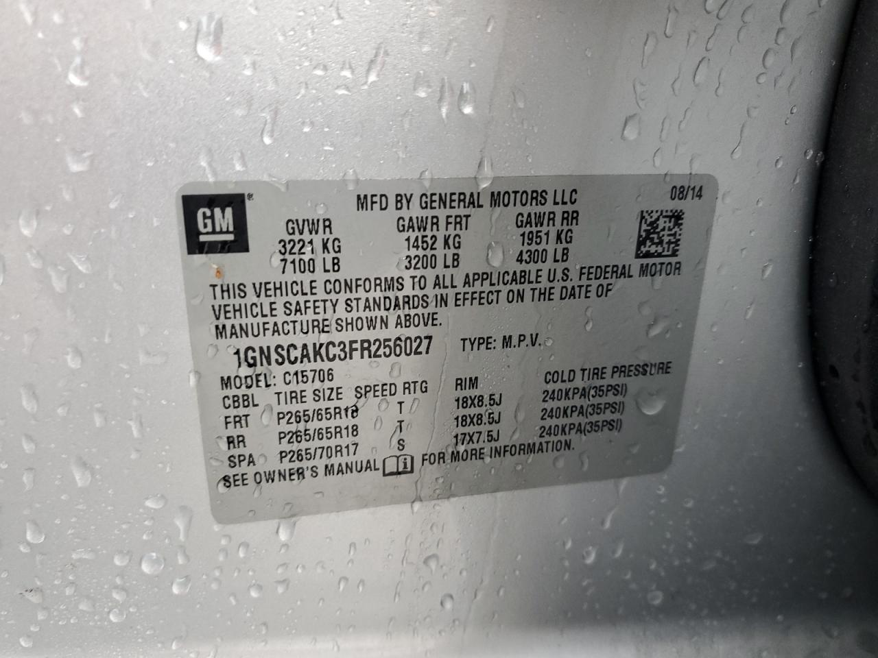 2015 Chevrolet Tahoe VIN 1GNSCAKC3FR256027 Copart auction photo, side damage thumbnail 13