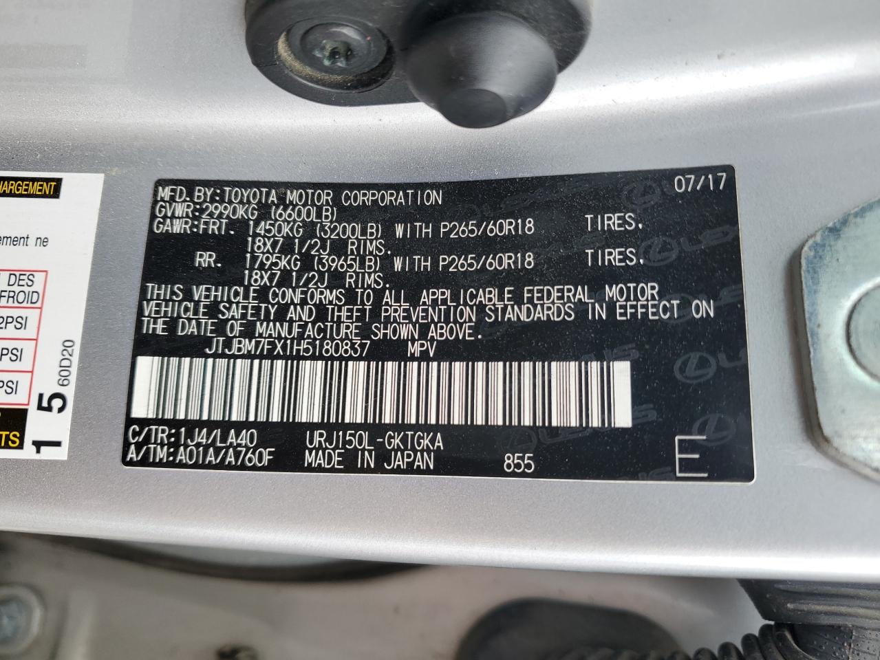 2017 Lexus GX VIN JTJBM7FX1H5180837 Copart auction photo, rollover damage thumbnail 13