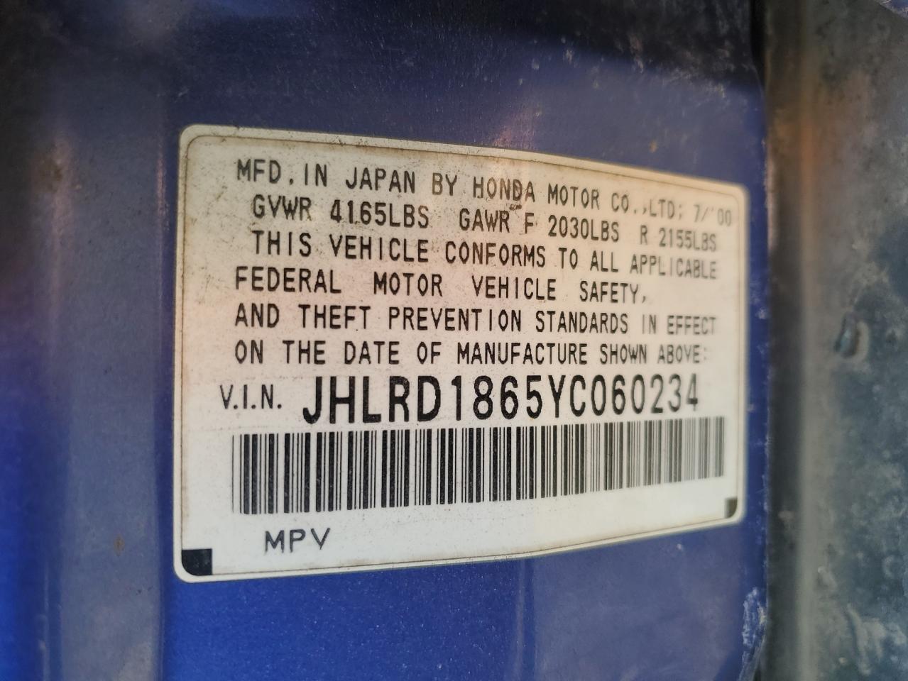 2000 Honda CR-V VIN JHLRD1865YC060234 Copart auction photo, front end / side damage thumbnail 13