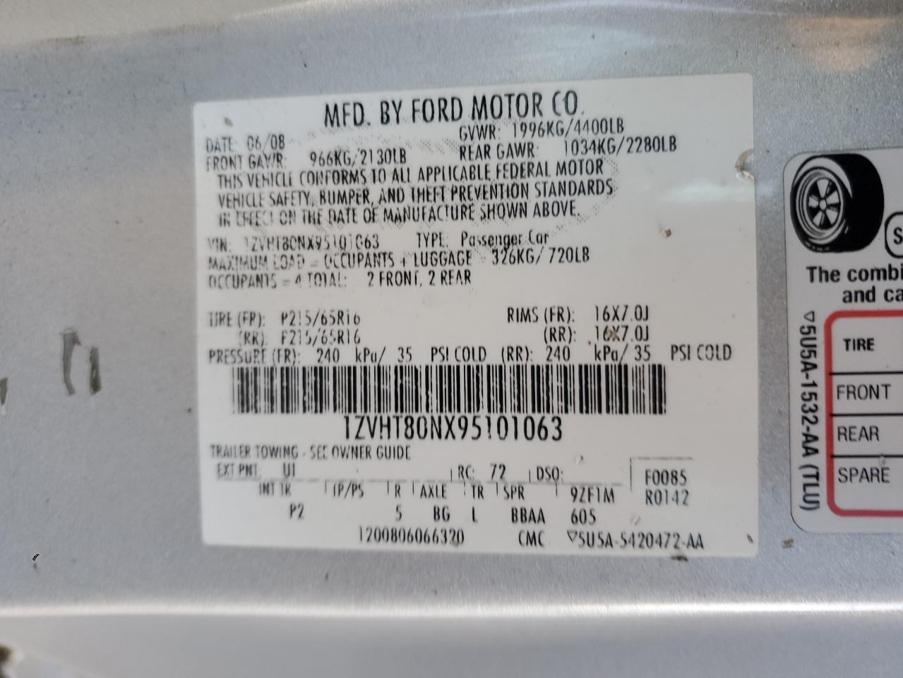 2009 Ford Mustang VIN 1ZVHT80NX95101063 Copart auction photo, front end / side damage thumbnail 12