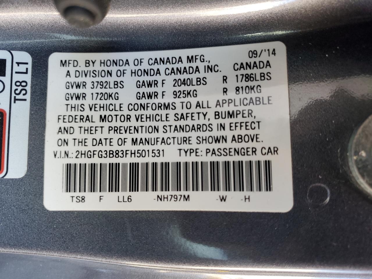 2015 Honda Civic VIN 2HGFG3B83FH501531 Copart auction photo, undercarriage / all over damage thumbnail 13