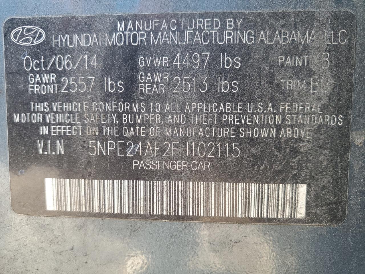 2015 Hyundai Sonata VIN 5NPE24AF2FH102115 Copart auction photo, mechanical / side damage thumbnail 12