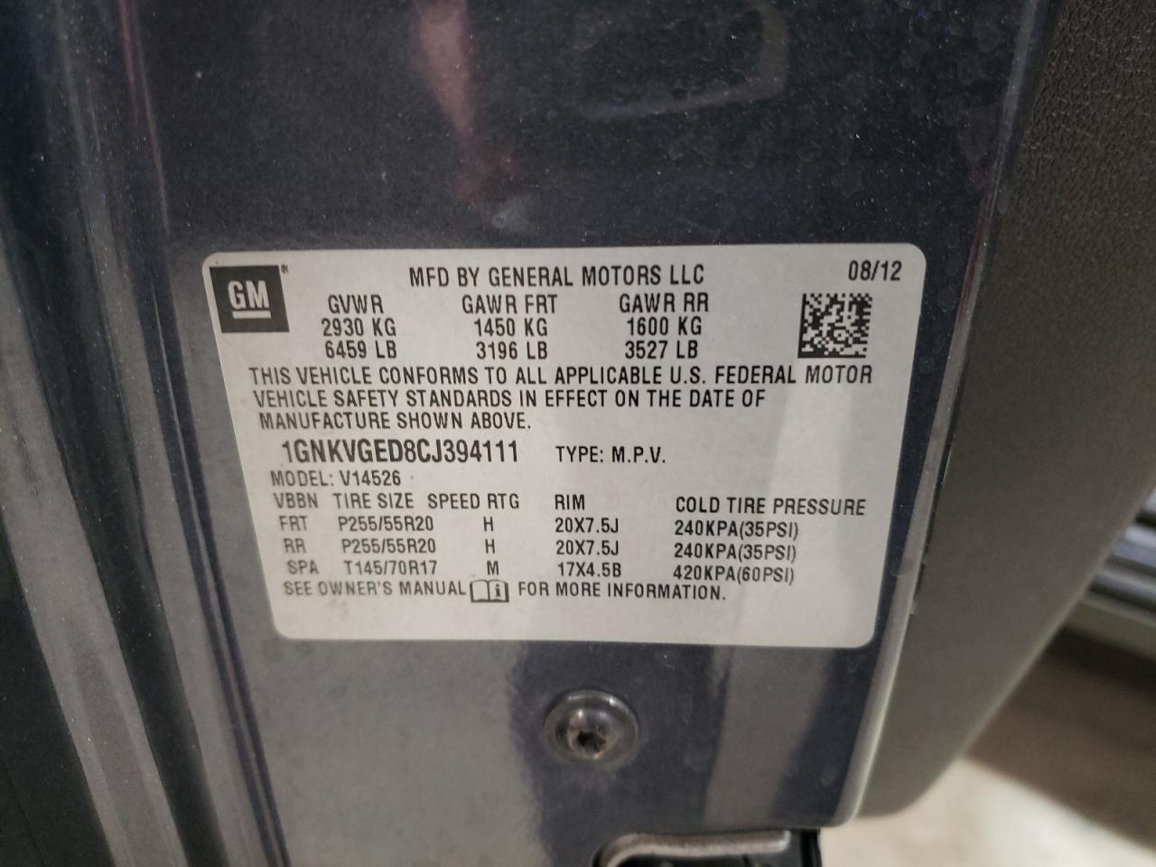2012 Chevrolet Traverse VIN 1GNKVGED8CJ394111 Copart auction photo, mechanical / minor dent/scratches damage thumbnail 13