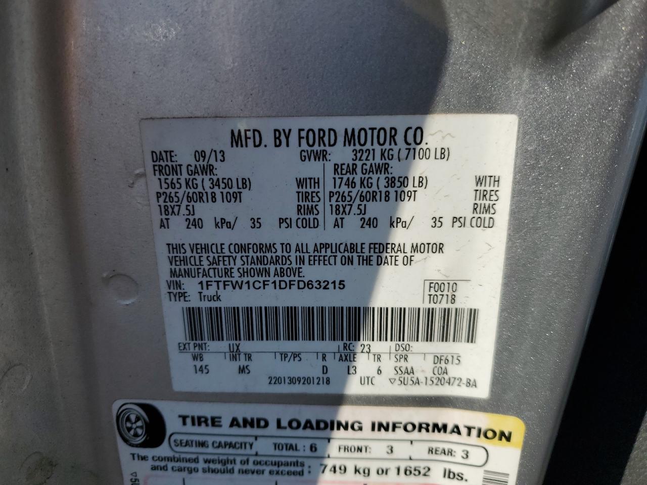 2013 Ford F-150 VIN 1FTFW1CF1DFD63215 Copart auction photo, front end damage thumbnail 12