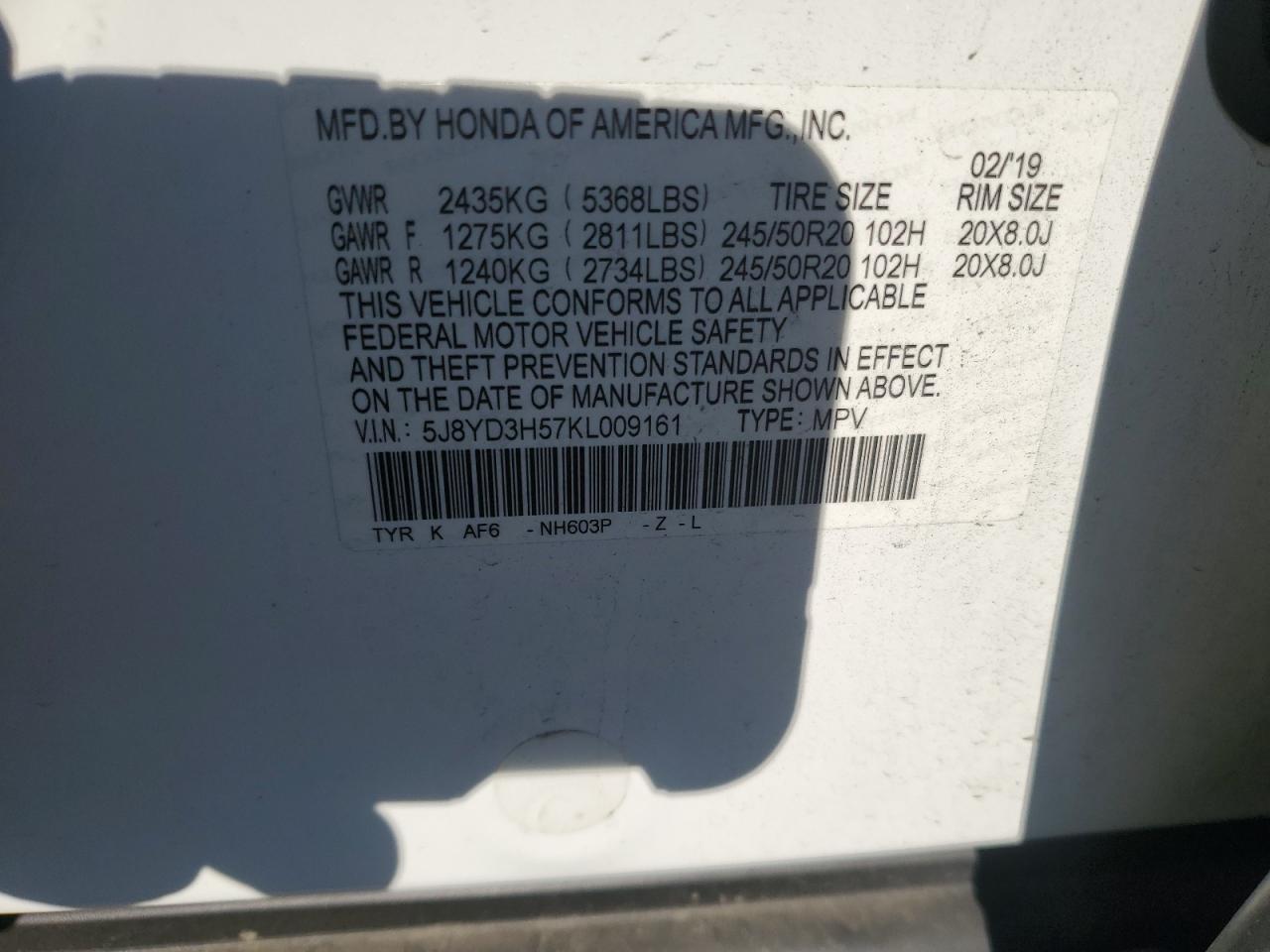 2019 Acura MDX VIN 5J8YD3H57KL009161 Copart auction photo, all over damage thumbnail 14